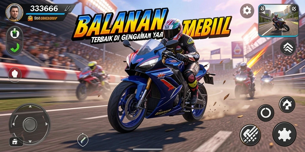 Screenshot gameplay 333666 menampilkan aksi balapan motor yang cepat dan intens.
