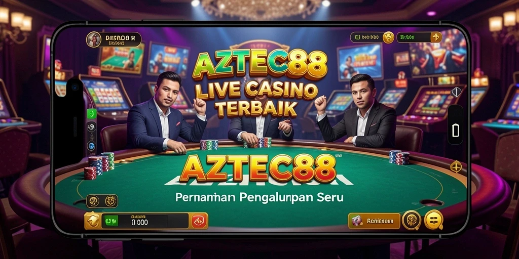 Screenshot gameplay AZTEC88 yang menunjukkan dealer langsung dan suasana kasino.