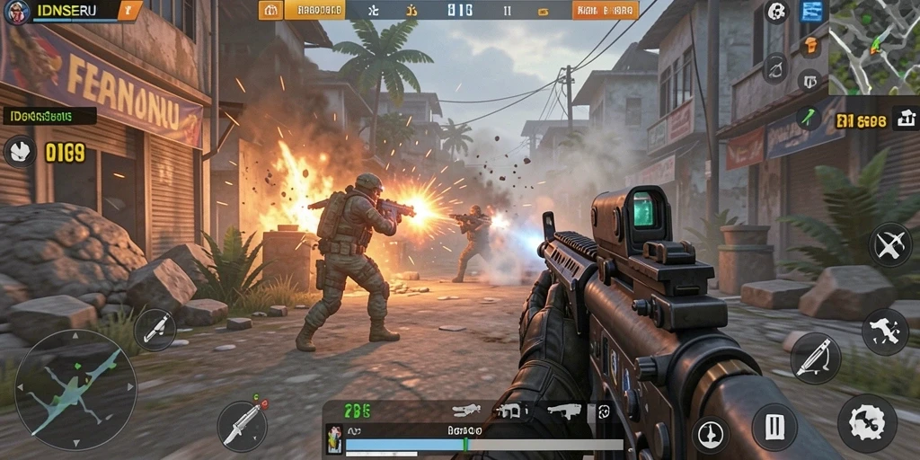 Gameplay menegangkan dalam IDNSERU dengan pertarungan FPS seru.