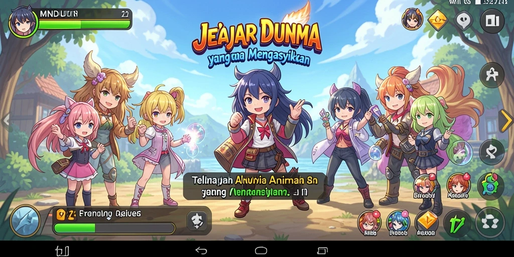 Screenshot gameplay MNDUIT dengan karakter anime yang penuh warna.