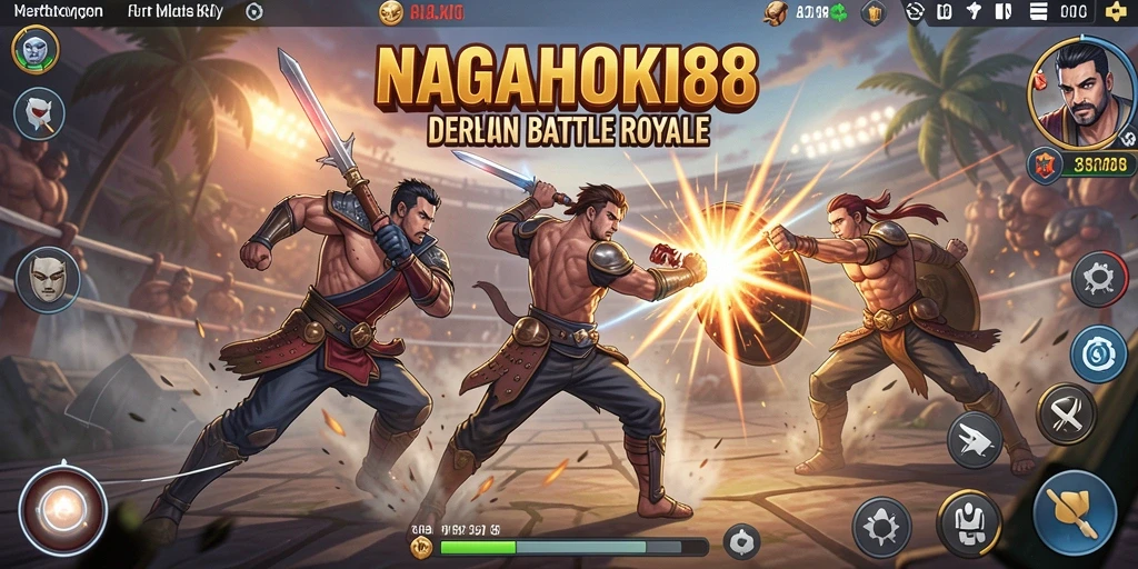 Screenshot utama yang menunjukkan aksi intens dalam gameplay Battle Royale.