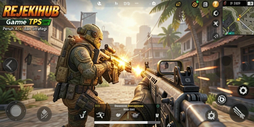 Screenshot gameplay REJEKIHUB menampilkan aksi tembak-menembak yang seru.
