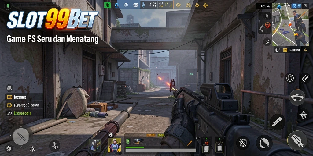 Screenshot dari SLOT99BET menampilkan aksi intens gameplay FPS.