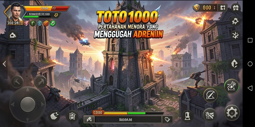 Tangkapan layar utama TOTO1000 menunjukkan aksi pertahanan menara yang mendebarkan.